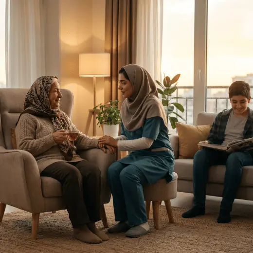 پرستار همراه سالمند در حال صرف چای