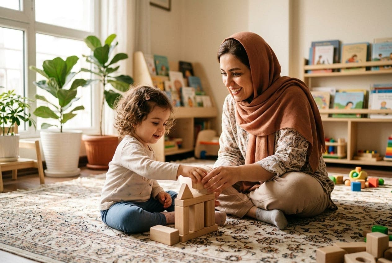 مراقب کودک در حال بازی با کودک
