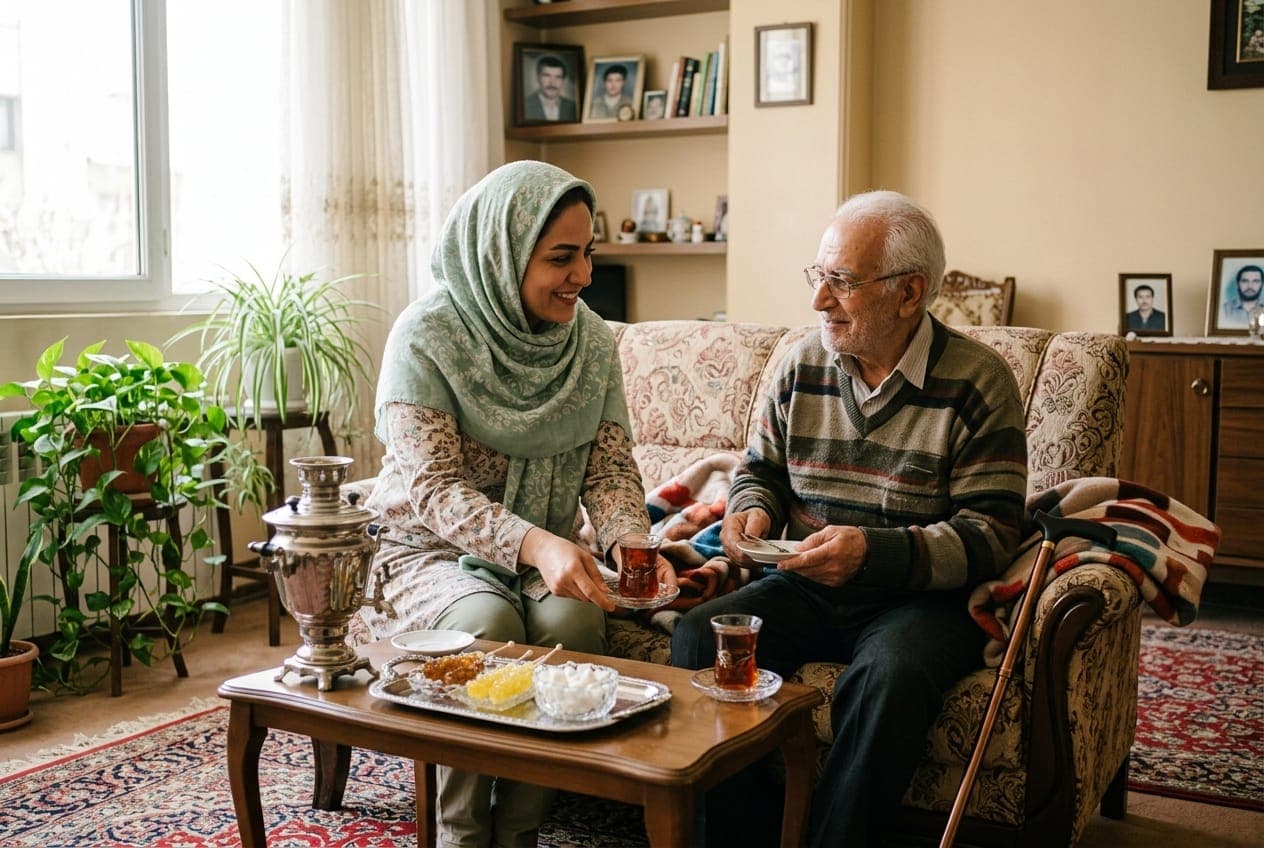 پرستار همراه سالمند در حال صرف چای