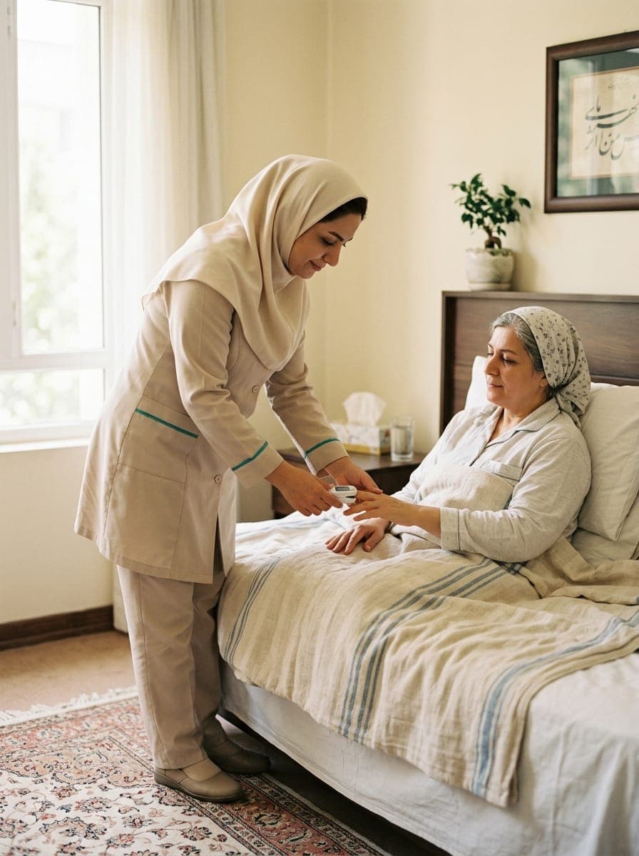 پرستار بیمار در حال کنترل علائم حیاتی بیمار در منزل