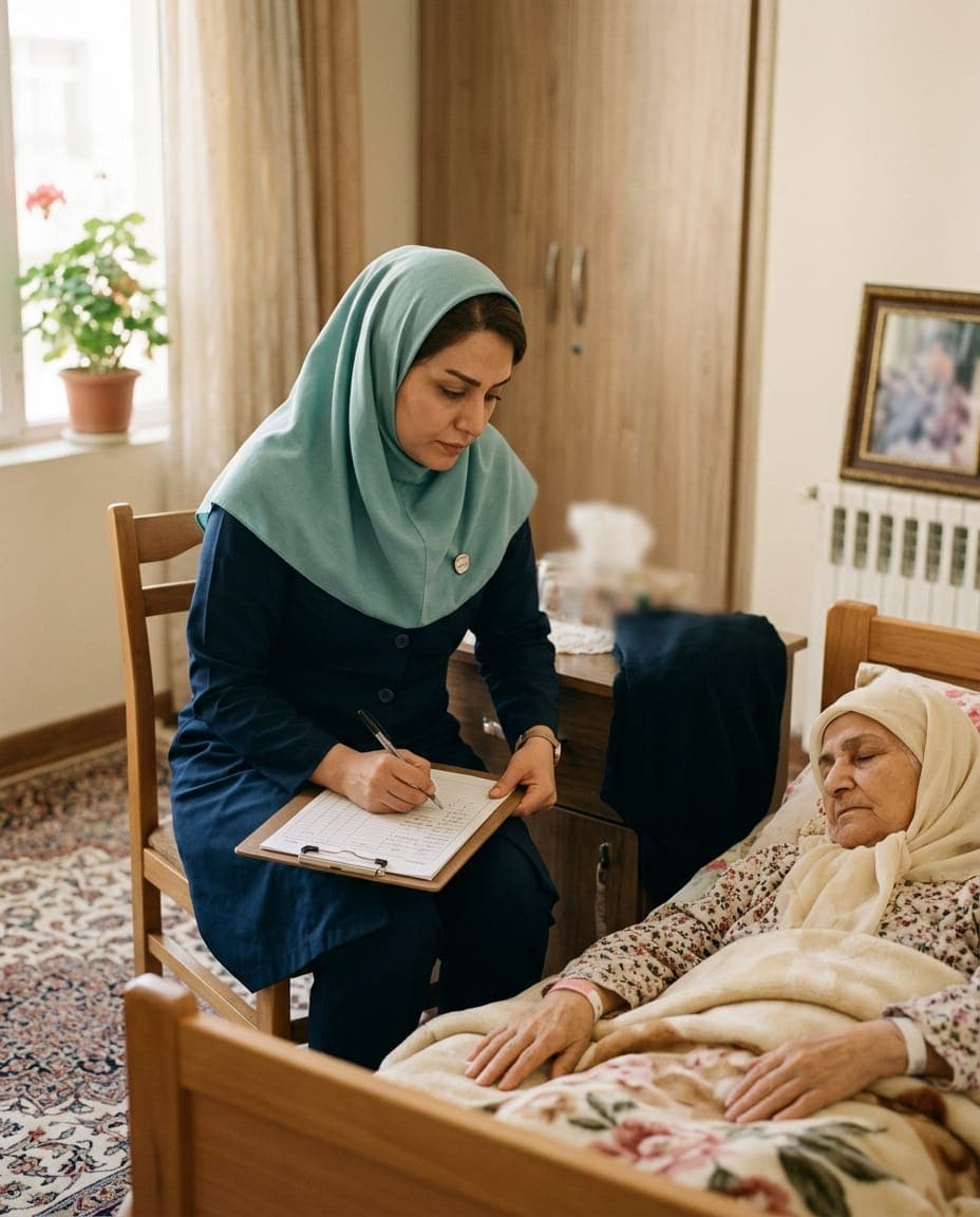 پرستار بیمار در حال نوشتن گزارش روزانه مراقبت از بیمار در منزل