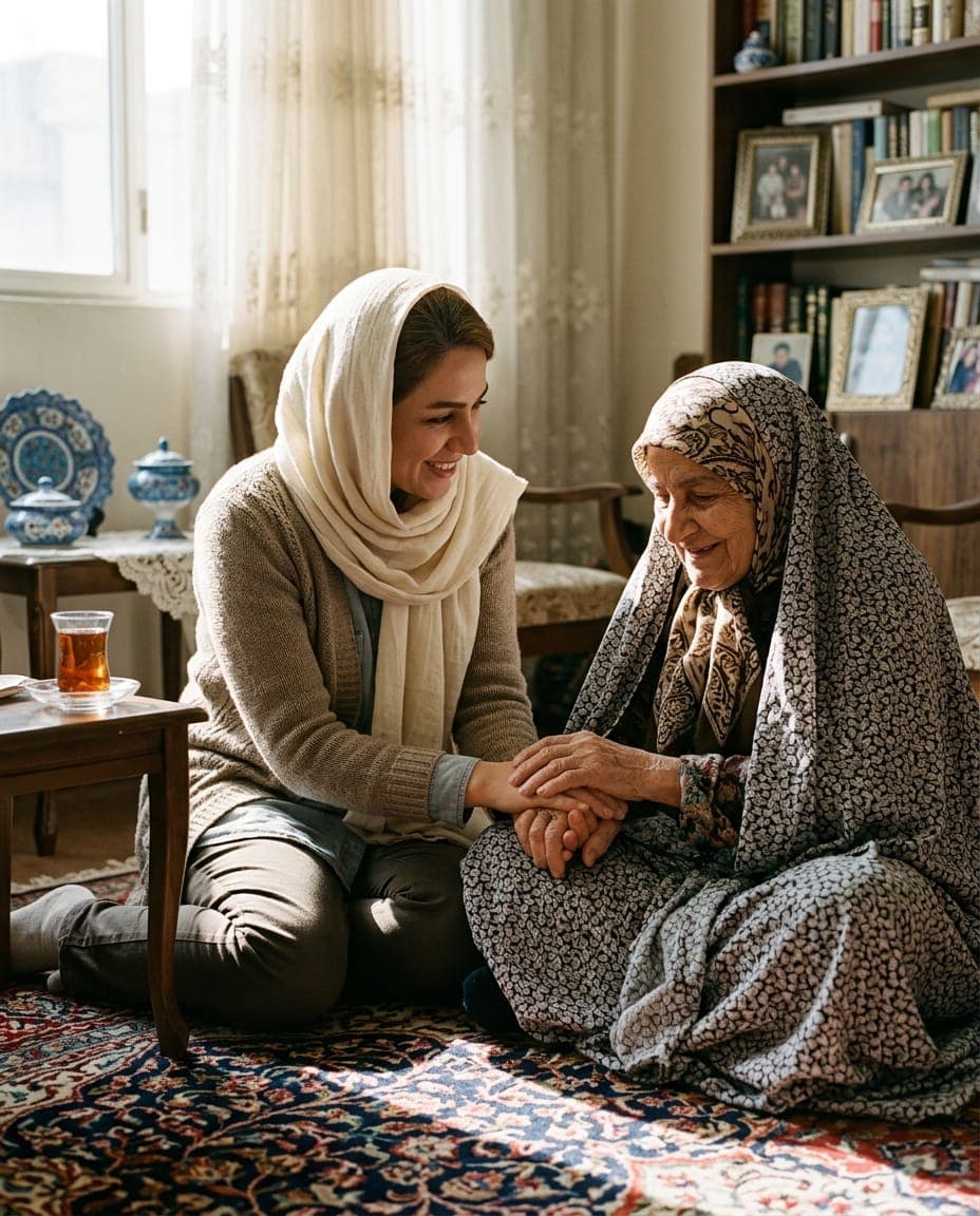 لحظهی صمیمی پرستار با مددجو در فضای داخلی منزل