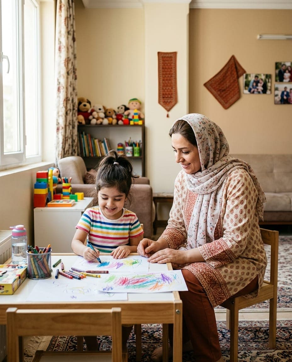 پرستار کودک در حال نقاشی و بازی با کودک پیشدبستانی در خانه