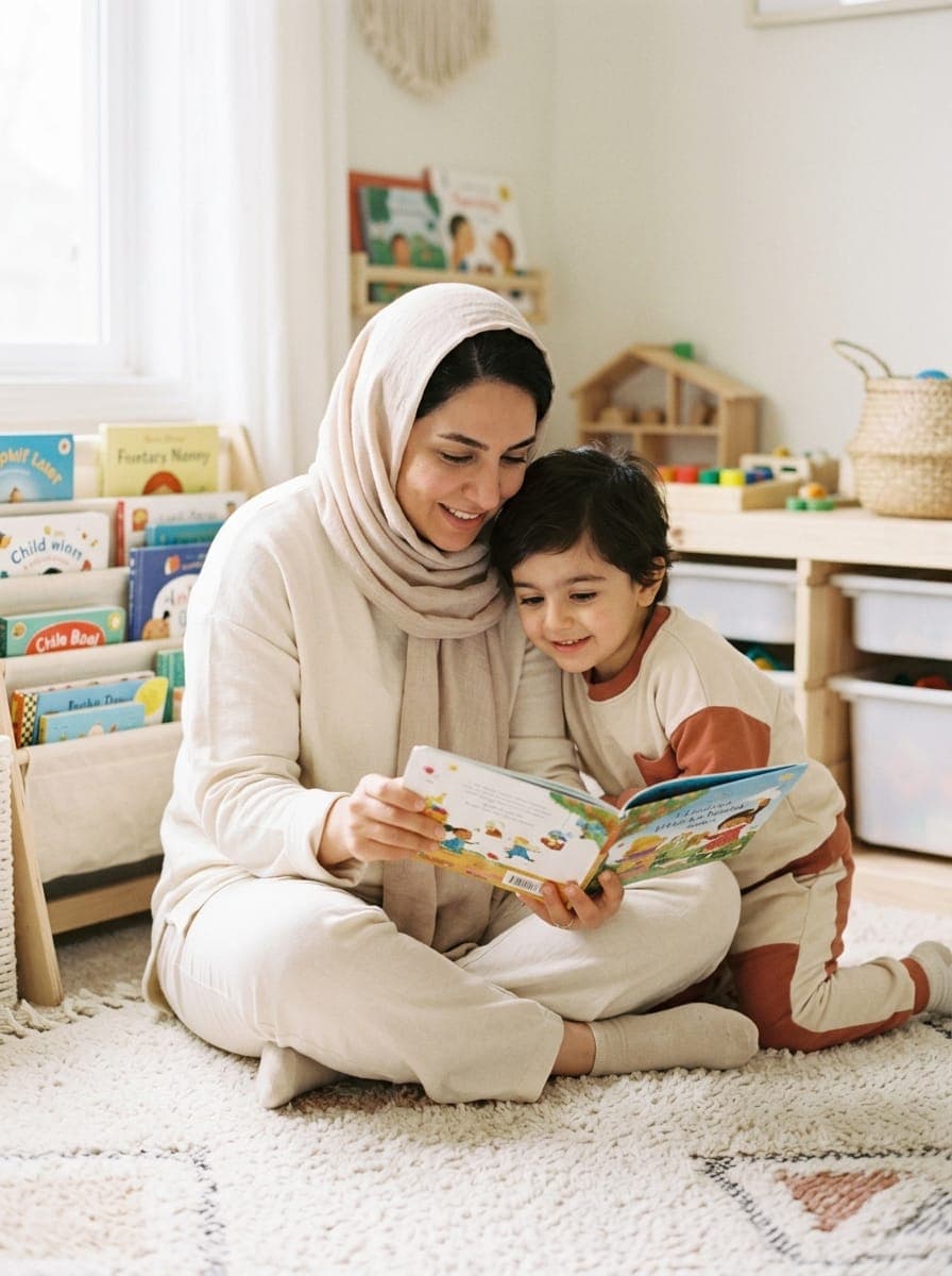 پرستار کودک در منزل در حال خواندن کتاب برای کودک با لبخند