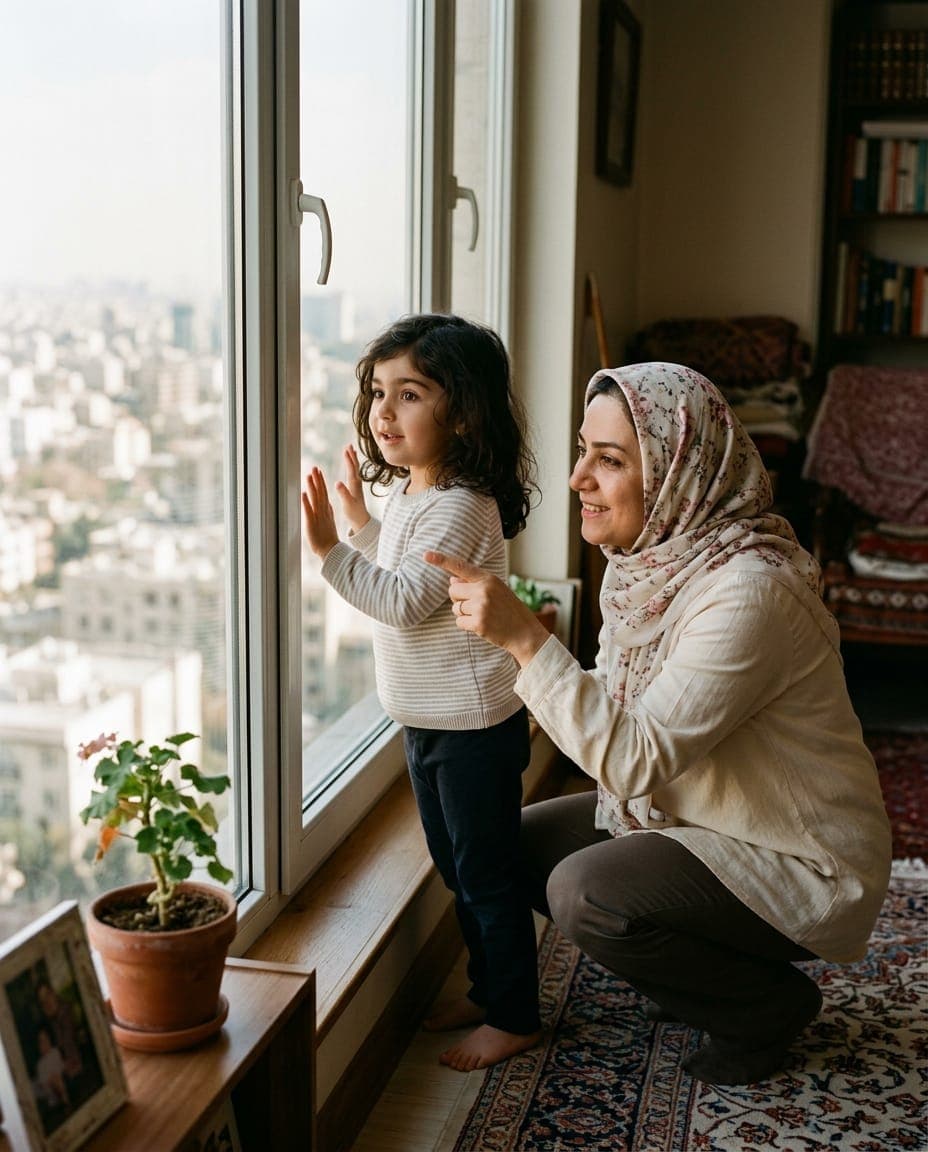 نمای شهری تهران از پنجره و کودک در حال تماشای آن