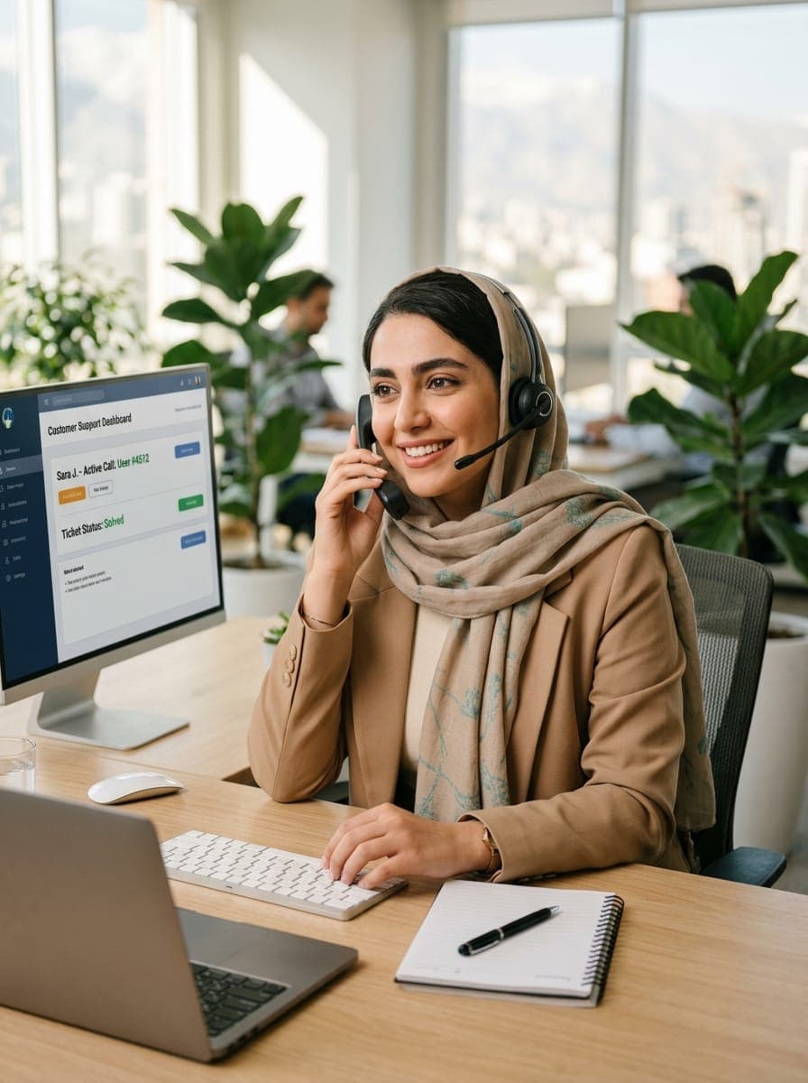 کارشناس پشتیبانی در حال پاسخ به تماس