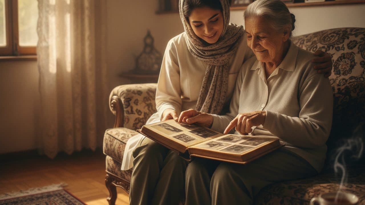 پرستار بیمار آلزایمری در منزل کنار یک بانوی سالمند نشسته و با هم آلبوم عکس قدیمی خانوادگی را مرور میکنند تا حافظهی او تقویت شود