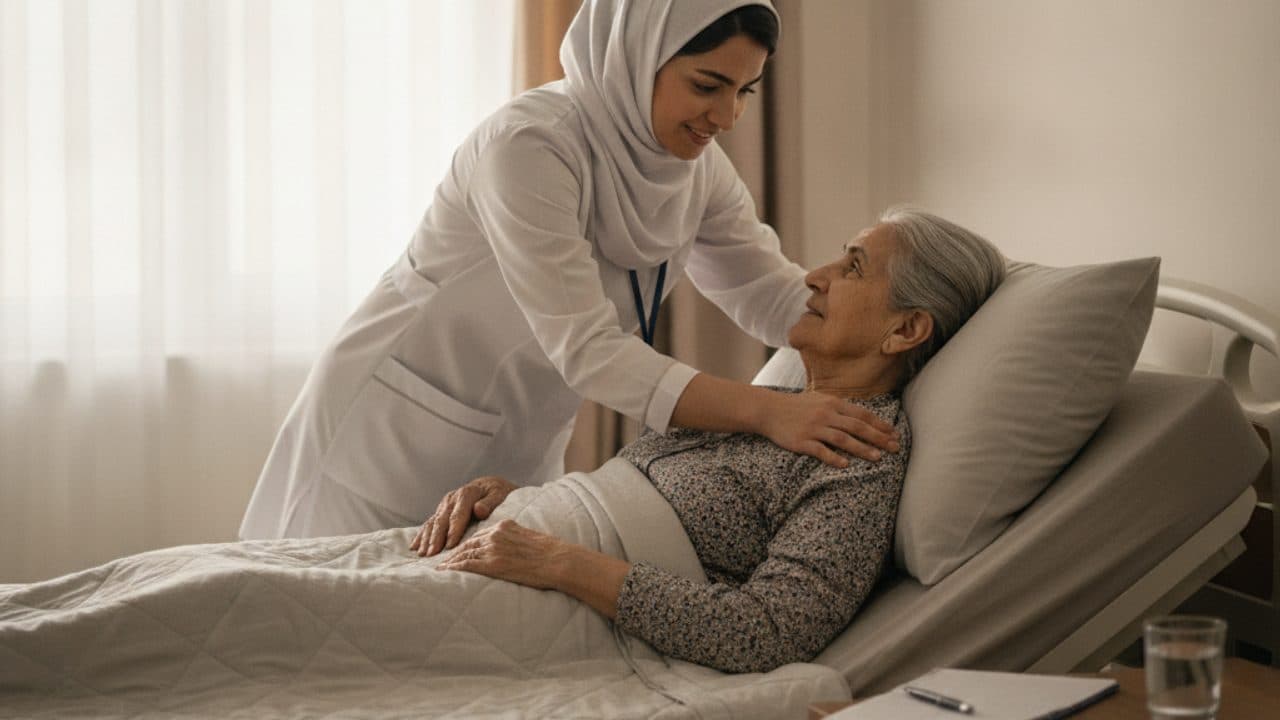 پرستار بیمار بستری در منزل در حال مرتبکردن بالش سالمند زمینگیر روی تخت مراقبت خانگی