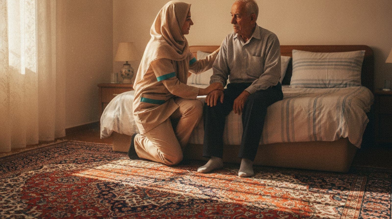 پرستار بیمار در حال همراهی مهربانانه با بیمار سالمند در اتاقخواب گرم و آفتابی خانه