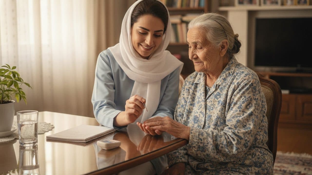 پرستار زن با روسری سفید در حال گرفتن قند خون یک زن سالمند با گلوکومتر روی میز پذیرایی روشن