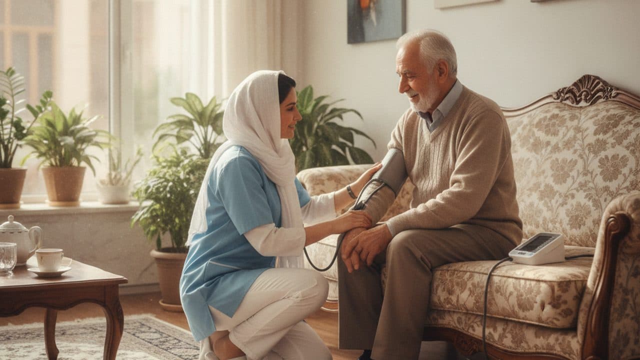 پرستار زن در منزل در حال کنترل فشار خون یک بیمار سالمند دیالیزی روی مبل اتاق نشیمن
