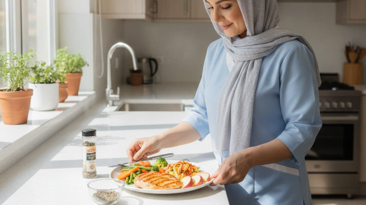 پرستار در آشپزخانه در حال آمادهکردن وعدهی غذایی کمنمک و کمپتاسیم برای بیمار دیالیزی شامل مرغ کبابی و سبزیجات بخارپز