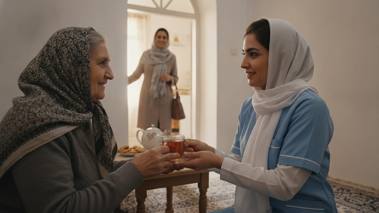 پرستار در منزل با روسری سفید به بانوی سالمند چای میدهد و دختر او با خیال راحت برای استراحت از خانه بیرون میرود؛ مراقبت جایگزین برای پیشگیری از فرسودگی مراقب