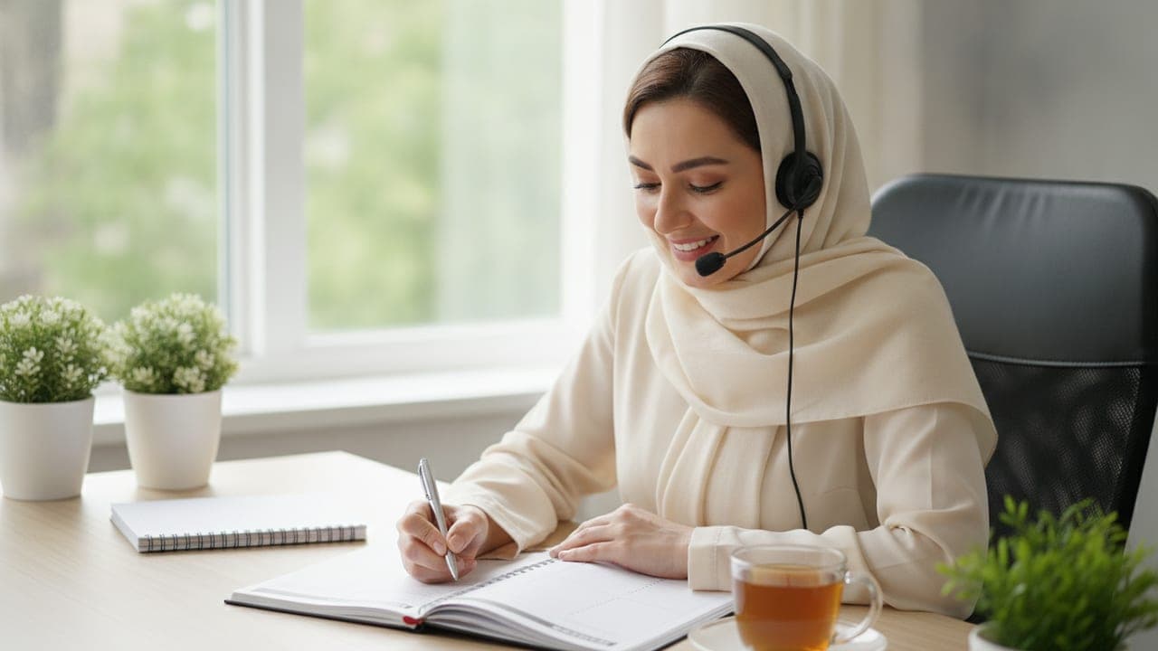 مشاور پرستار همراه الف با هدست تلفنی در حال برنامهریزی هفتگی شیفت پرستار برای کم کردن بار مراقبت خانواده