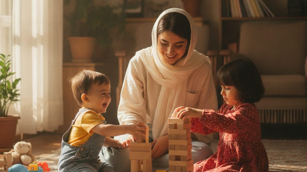 پرستار کودک در حال بازی با یک کودک نوپا و یک کودک بزرگتر با مکعبهای چوبی در نور روز اتاق نشیمن