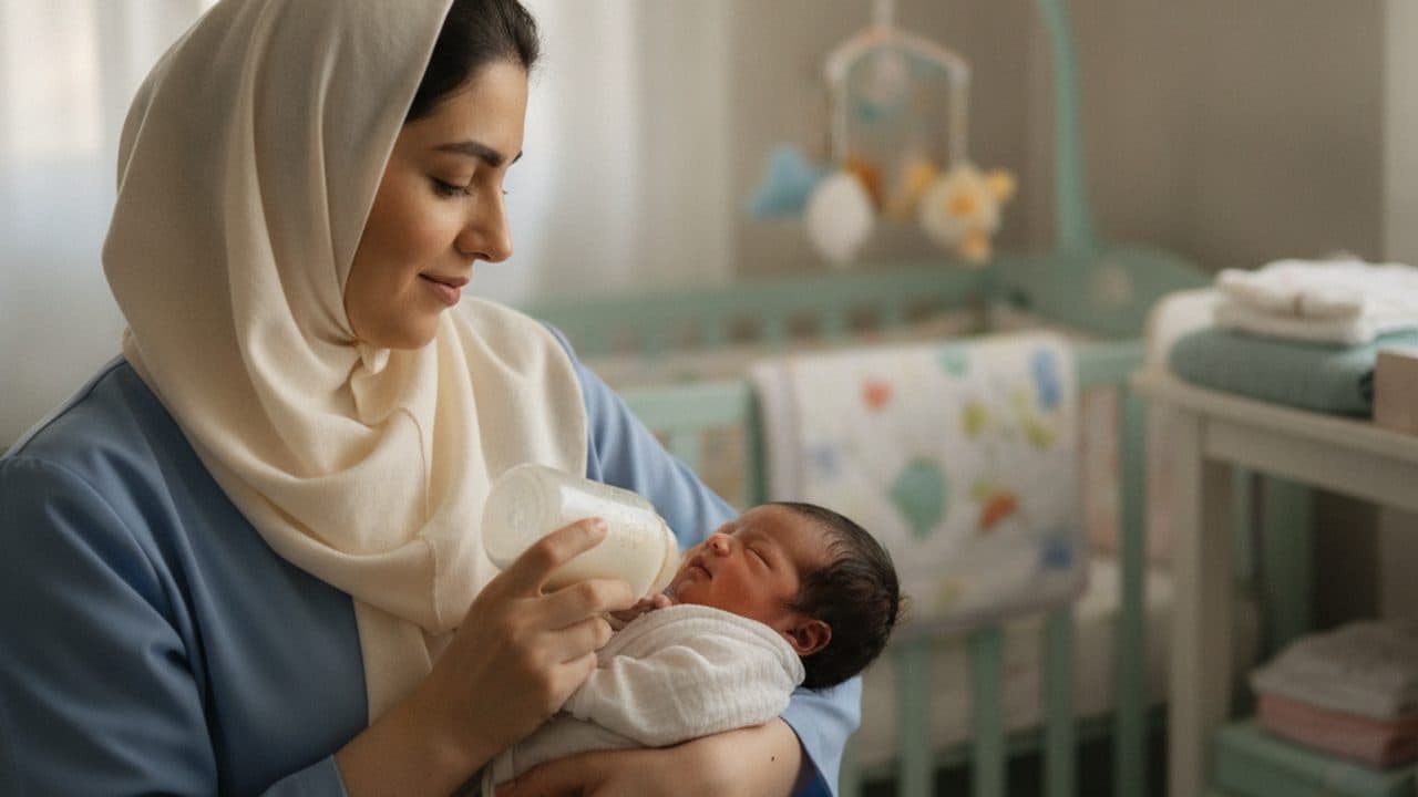پرستار نوزاد در حال شیشهدادن به نوزاد در کنار تختخواب نوزاد، نمونهای از مراقبت تخصصیتر و پرهزینهتر نوزاد