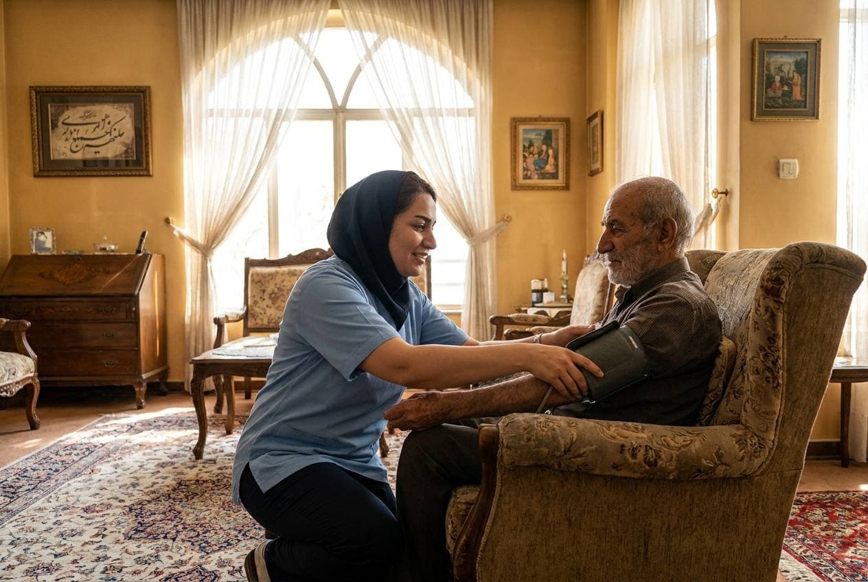 پرستار متخصص در حال کنترل فشار خون سالمند در منزل، نمونهای از مراقبت تخصصی مؤثر بر هزینه