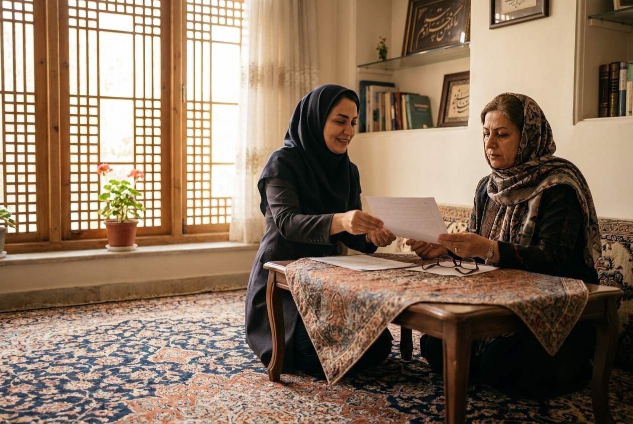 هماهنگکننده مرکز اعزام در حال ارائه توافقنامه شفاف مراقبت به یکی از اعضای خانواده