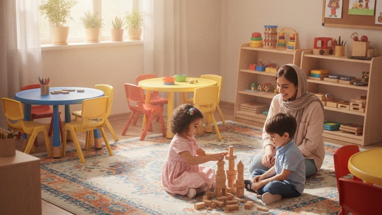 کلاس روشن و شاد یک مهدکودک با چند کودک خردسال که با اسباببازی و مکعبهای رنگی روی زمین بازی میکنند و مراقب مهدکودک با لبخند آنها را زیر نظر دارد