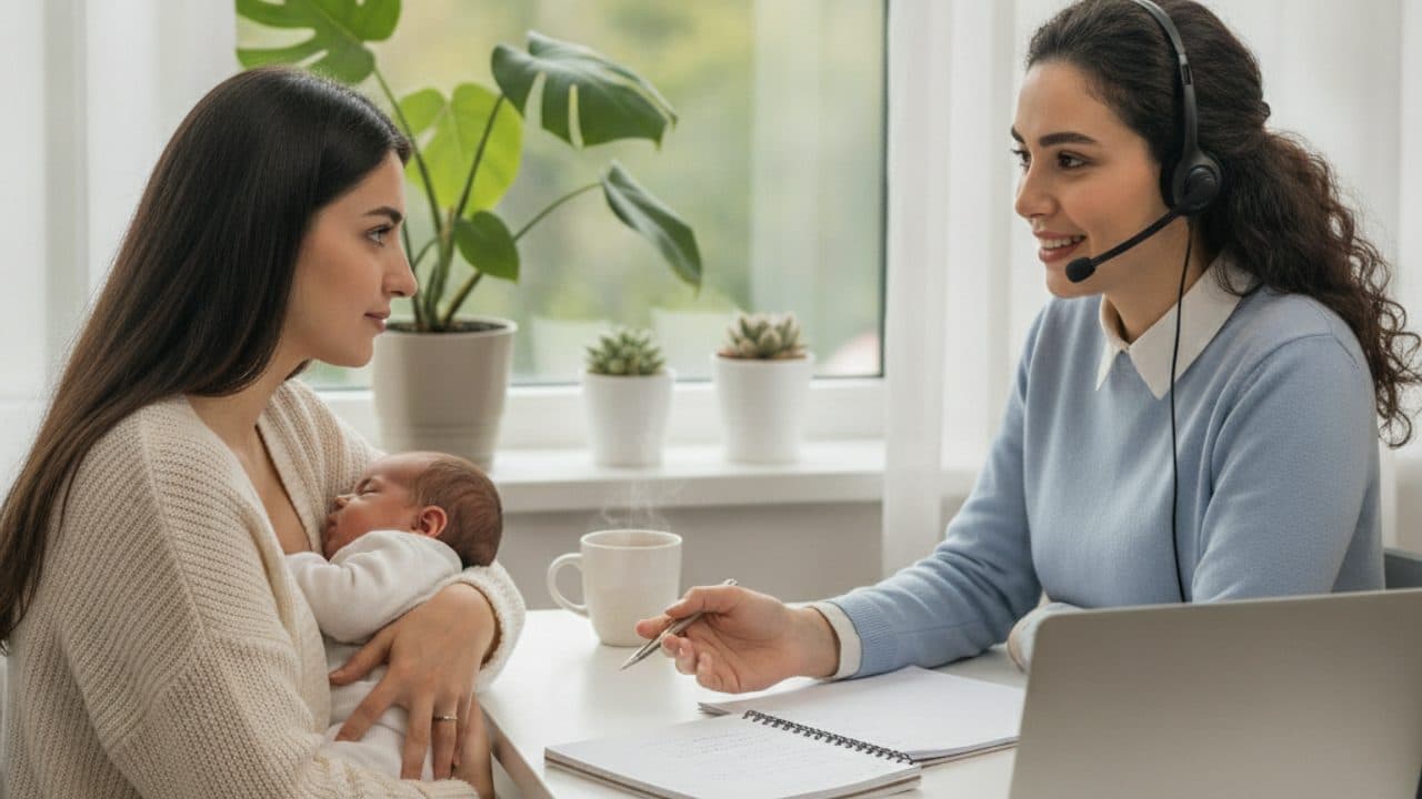 کارشناس مرکز اعزام پرستار همراه الف در حال مشاورهی رایگان با والدین تازه برای انتخاب پرستار نوزاد و شیفت مناسب