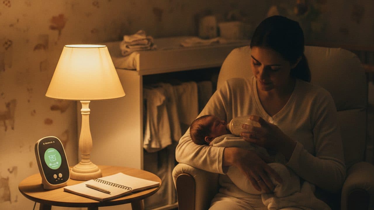پرستار نوزاد شبکار در نور کمفروغ اتاق کودک روی صندلی نشسته و با دقت به نوزاد شیر میدهد