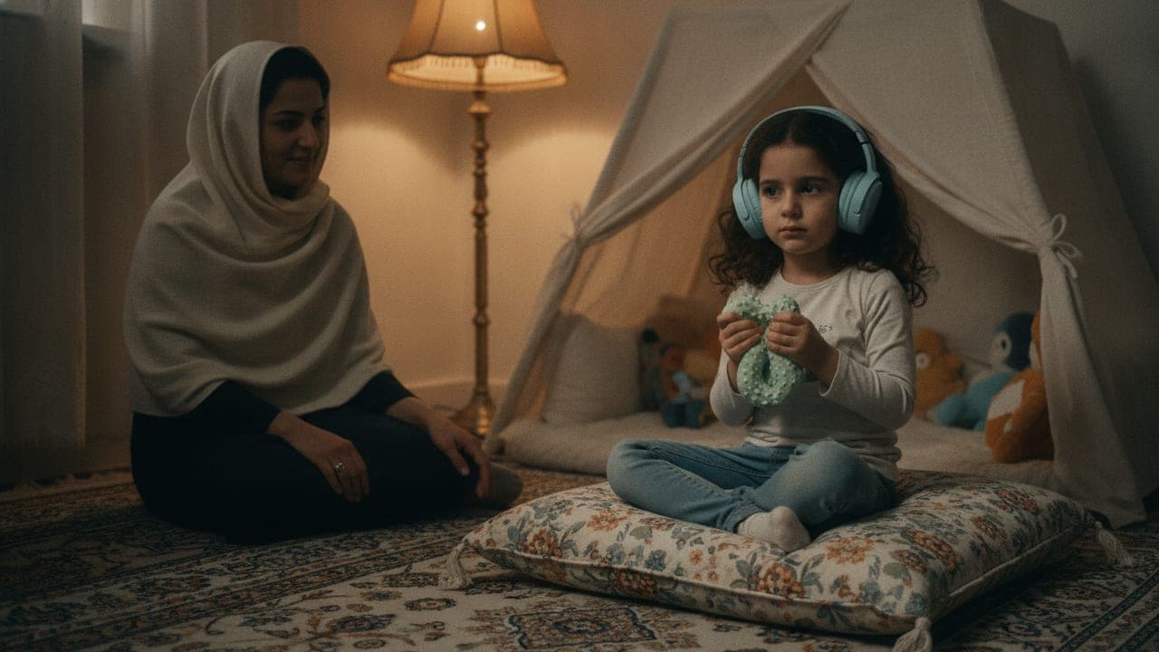 دختربچه با هدفون کاهندهی صدا و اسباببازی نرم حسی در گوشهی آرامش با نور ملایم نشسته و مراقب با فاصلهی محترمانه کنارش منتظر است؛ مدیریت حساسیت حسی و بحران رفتاری کودک اوتیسم