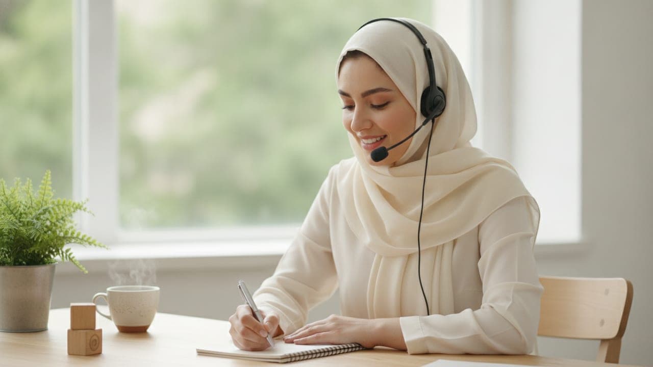 مشاور پرستار همراه الف با هدست تلفنی در حال گوش دادن به والدین و یادداشتبرداری برای معرفی پرستار کودک اوتیسم مناسب