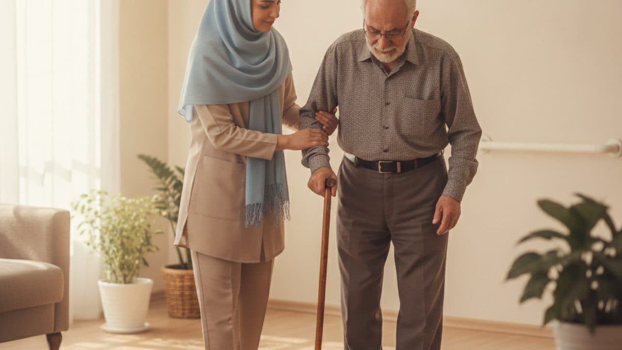 پرستار زن با روسری آبی در حال کمک ایمن به راهرفتن مرد سالمند مبتلا به پارکینسون با عصا در پذیرایی روشن و بدون فرش لق