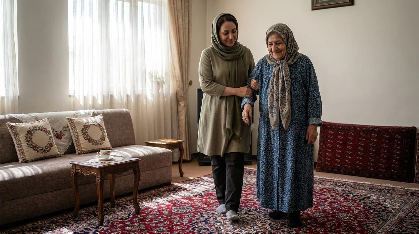 پرستار سالمند در حال همراهی و کمک به راهرفتن یک سالمند در نشیمن گرم و آفتابی خانه