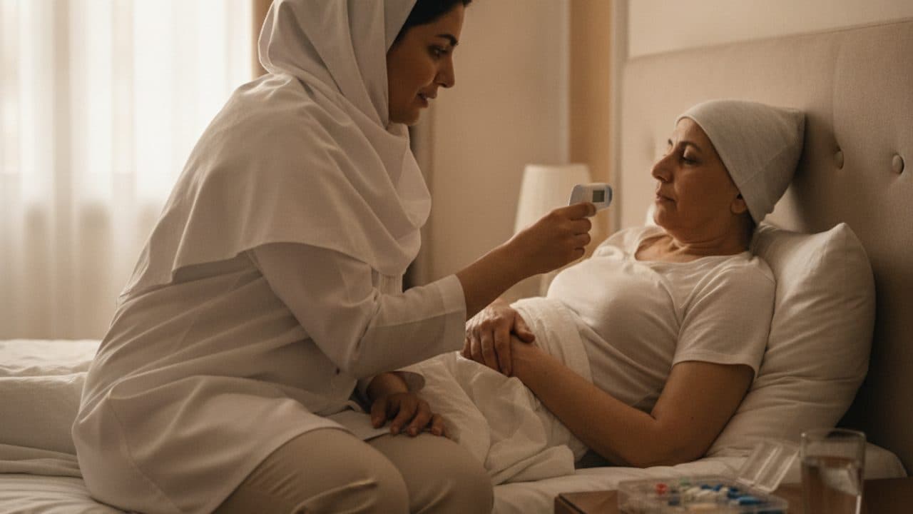 پرستار بیمار سرطانی در منزل در حال گفتگوی آرام با بیمار و کنترل علائم حیاتی