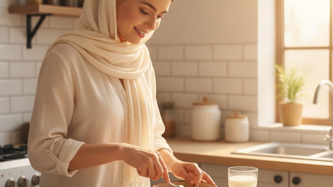 پرستار در منزل در آشپزخانهای روشن مشغول آمادهکردن یک وعدهی غذایی نرم و مغذی برای سالمند است؛ لیوان شیر و میوهی تازه روی کابینت کنار دستش قرار دارد