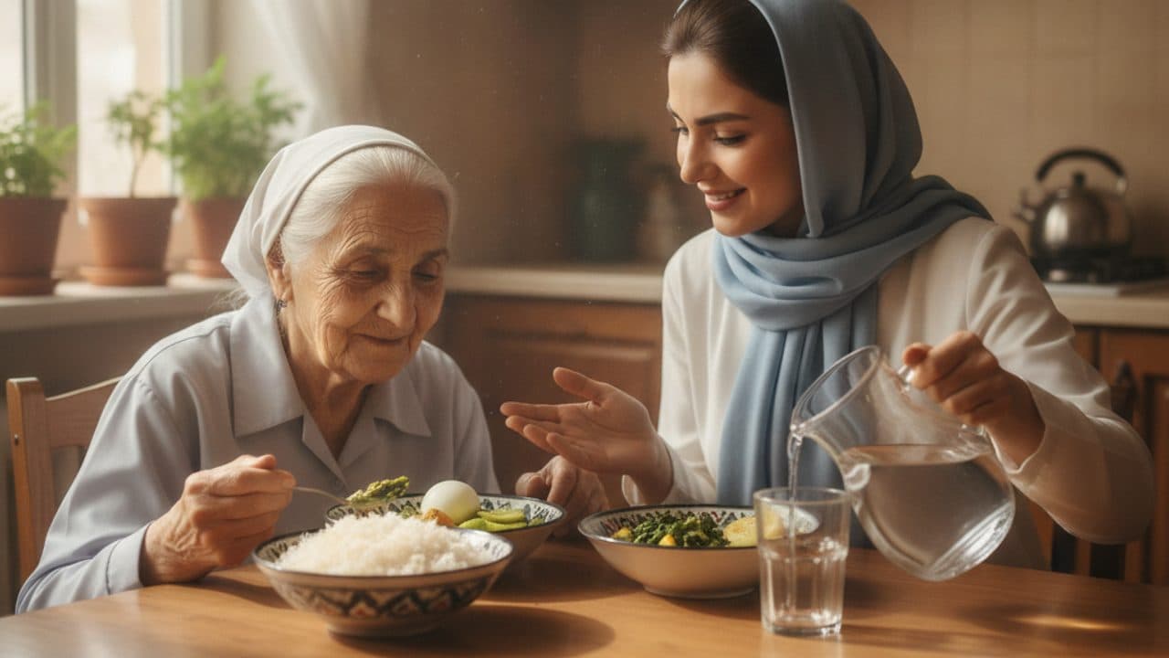 پرستار در منزل کنار یک سالمند نشسته و همراه او غذای سالم میخورد و برایش آب میریزد؛ سفرهای رنگی شامل برنج، سبزی و تخممرغ روی میز آشپزخانه دیده میشود
