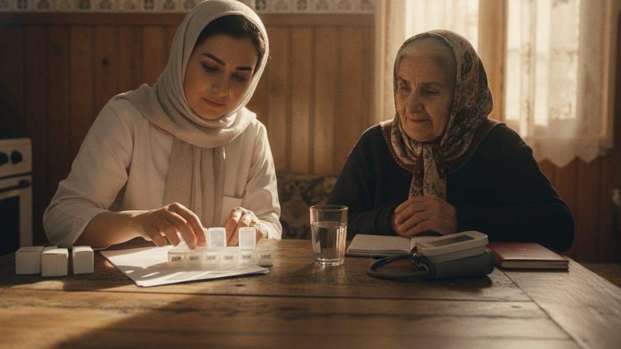 پرستار با روسری روشن داروهای بانوی سالمند را طبق نسخهی ترخیص در جعبهی تفکیک هفتگی میچیند و فشارسنج و دفترچه روی میز است؛ مدیریت دارو بعد از ترخیص