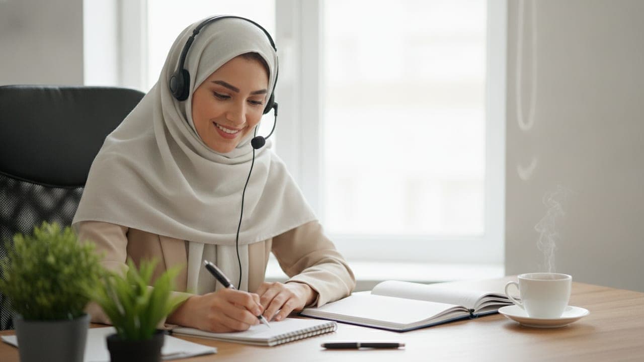 مشاور پرستار همراه الف با هدست تلفنی در حال یادداشتبرداری از صحبتهای خانواده برای برنامهریزی مراقبت بعد از ترخیص در منزل