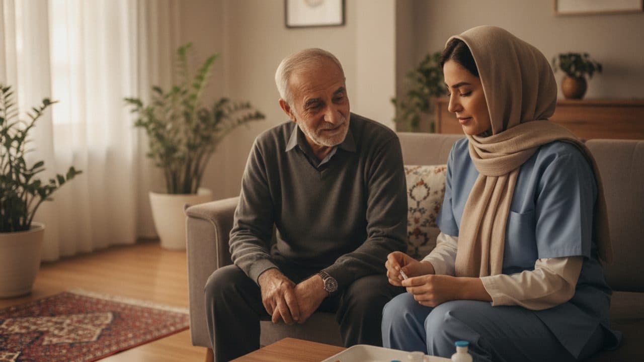 پرستار تزریقات در منزل در حال آمادهکردن آمپول برای تزریق به یک سالمند در نشیمن خانه