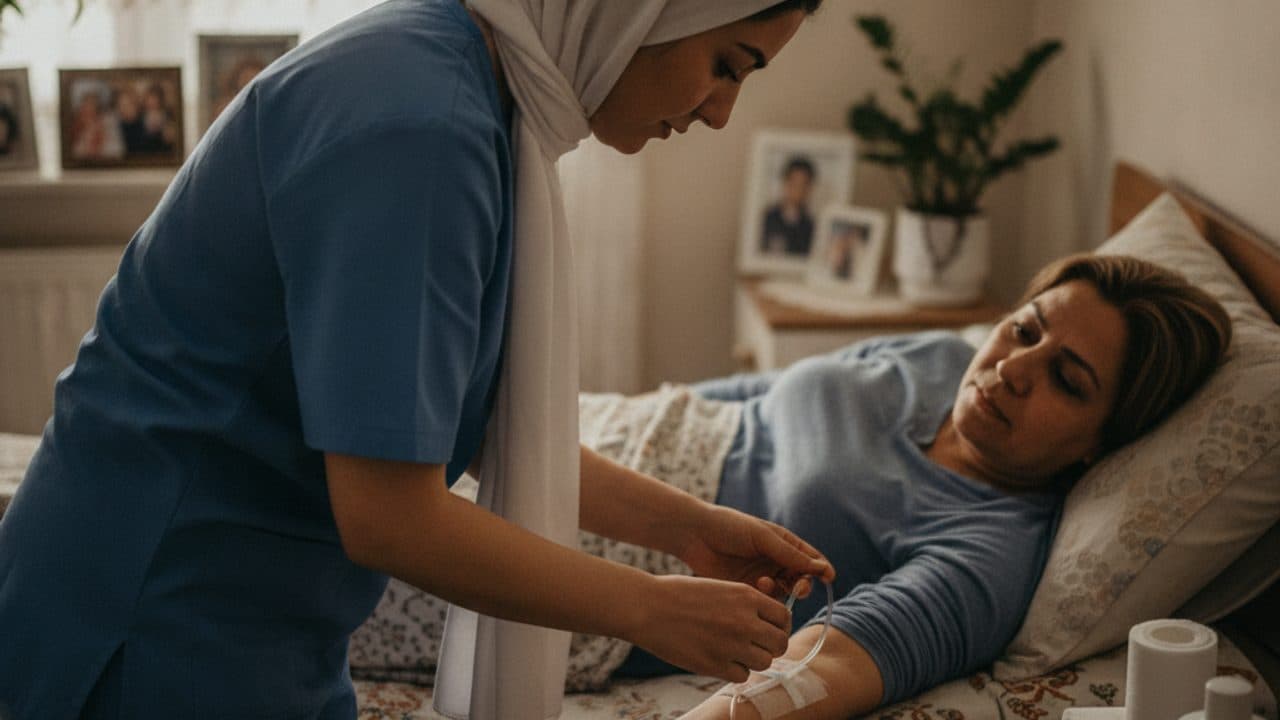 پرستار در حال وصلکردن سرم به بازوی بیمار روی تخت در منزل
