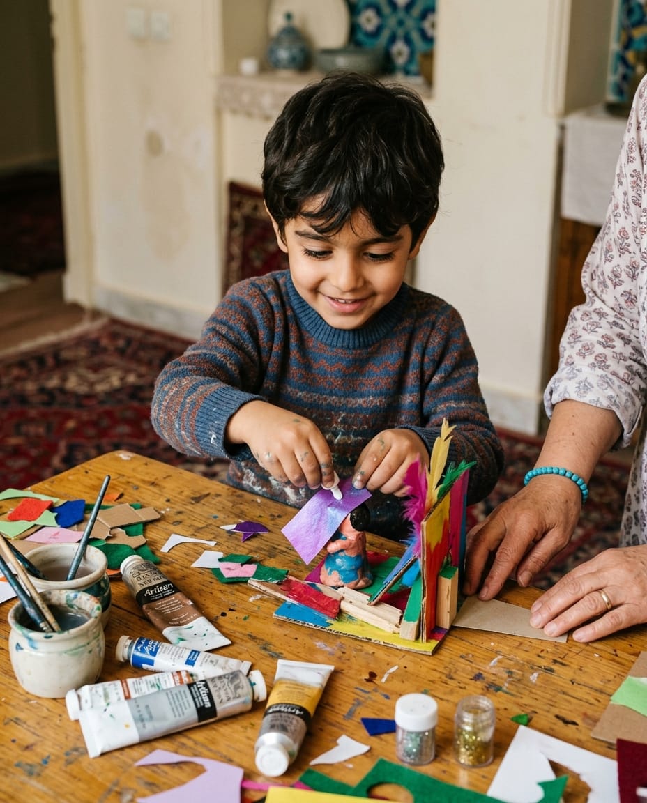 کاردستی و رنگ روی میز و کودک سرگرم ساختن