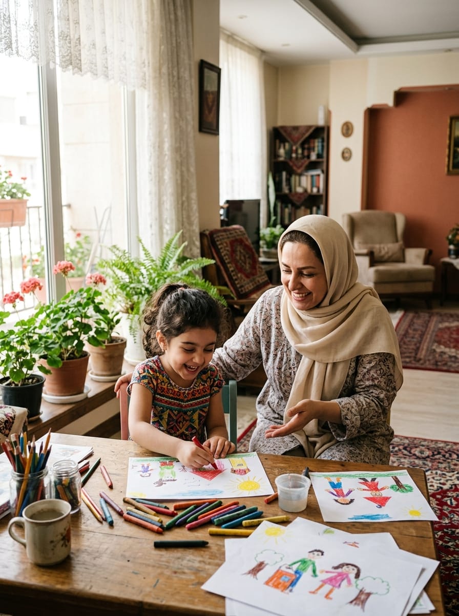 کودک در حال نقاشی رنگارنگ و پرستار کنارش در منزلی روشن در اصفهان