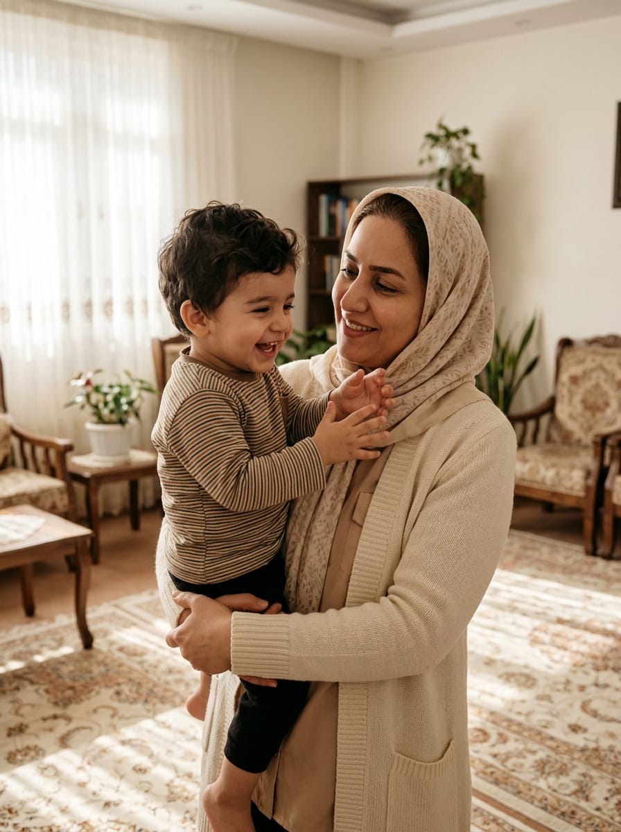 پرستار در حال مراقبت از کودک در منزلی گرم در مشهد