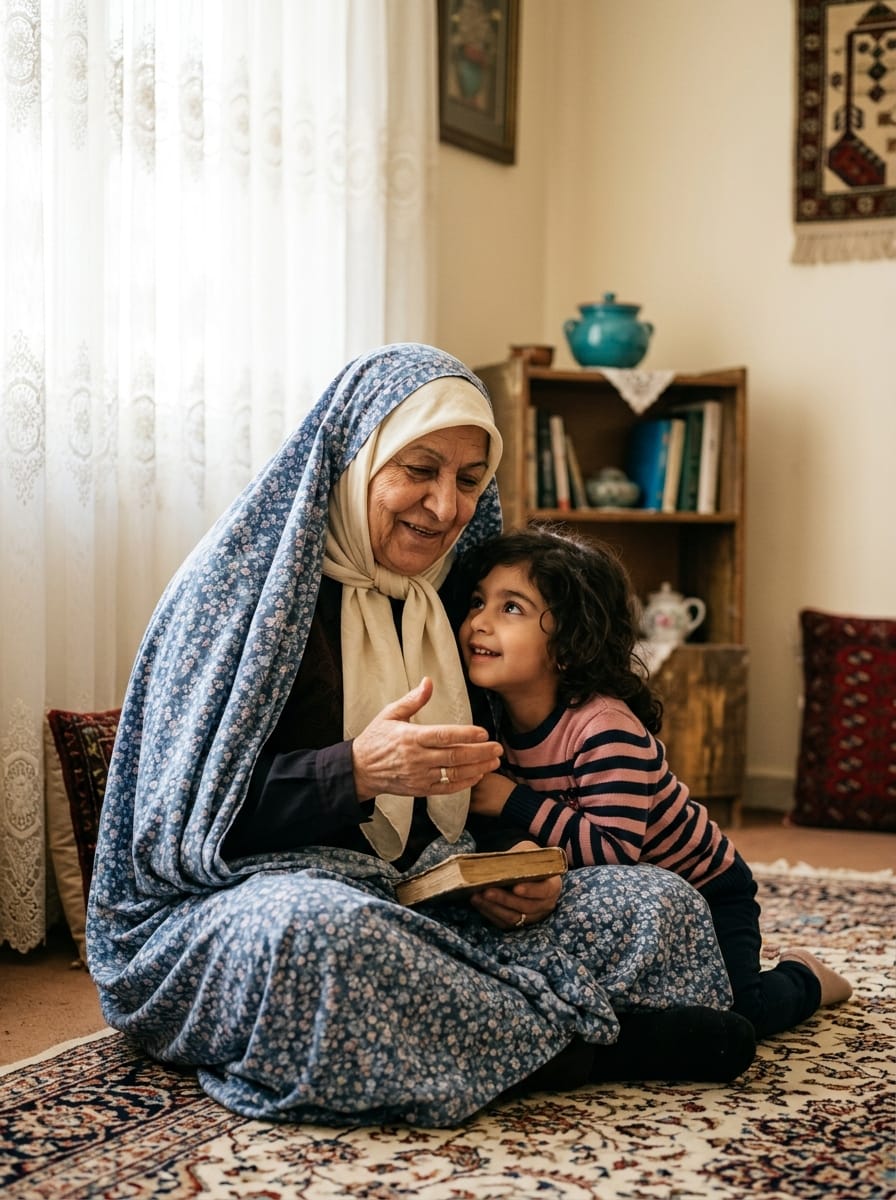 پرستار مهربان در حال قصهگویی برای کودک در منزلی آرام در قم