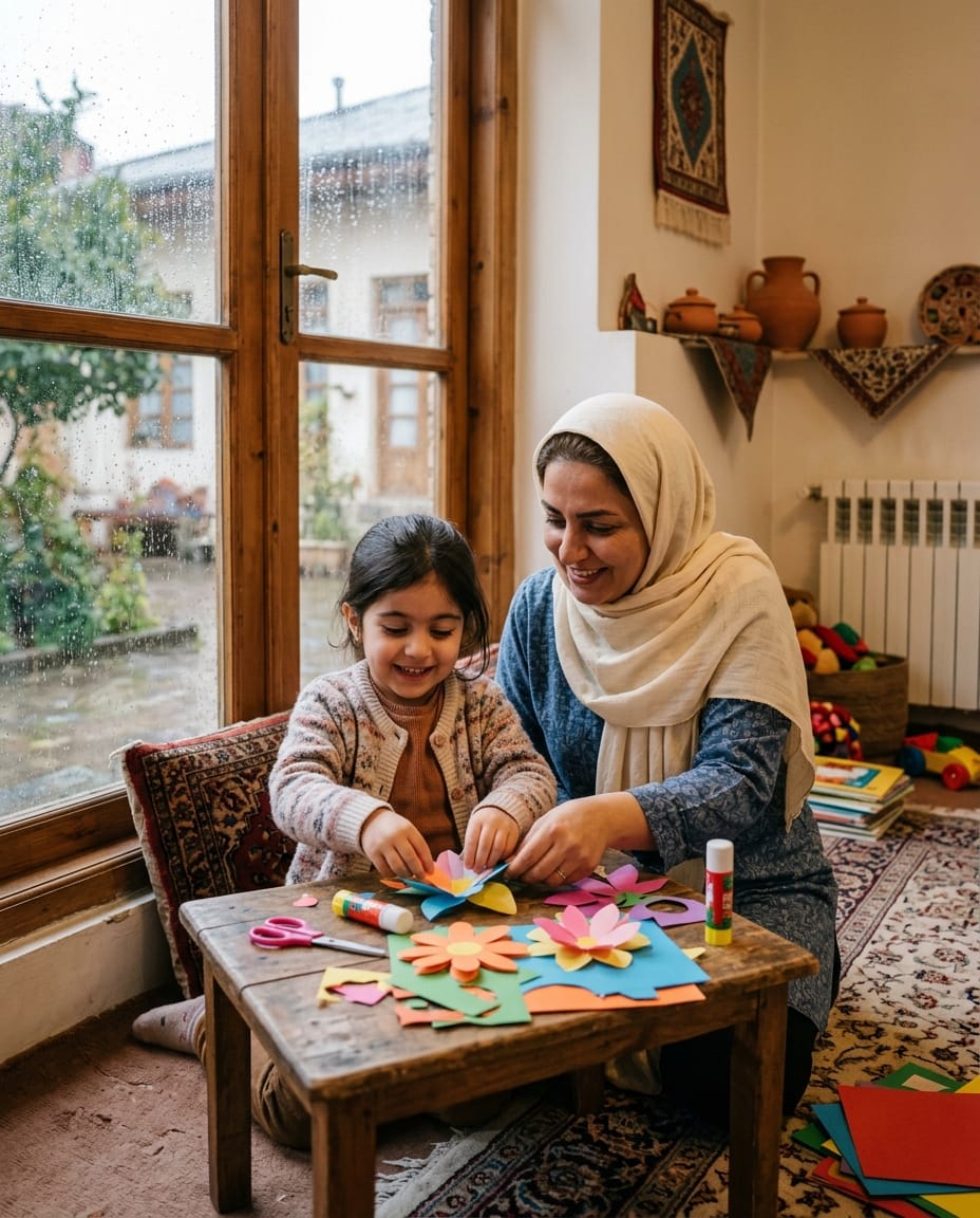 کاردستی و بازی خانگی در فضای دنج خانه در روز بارانی