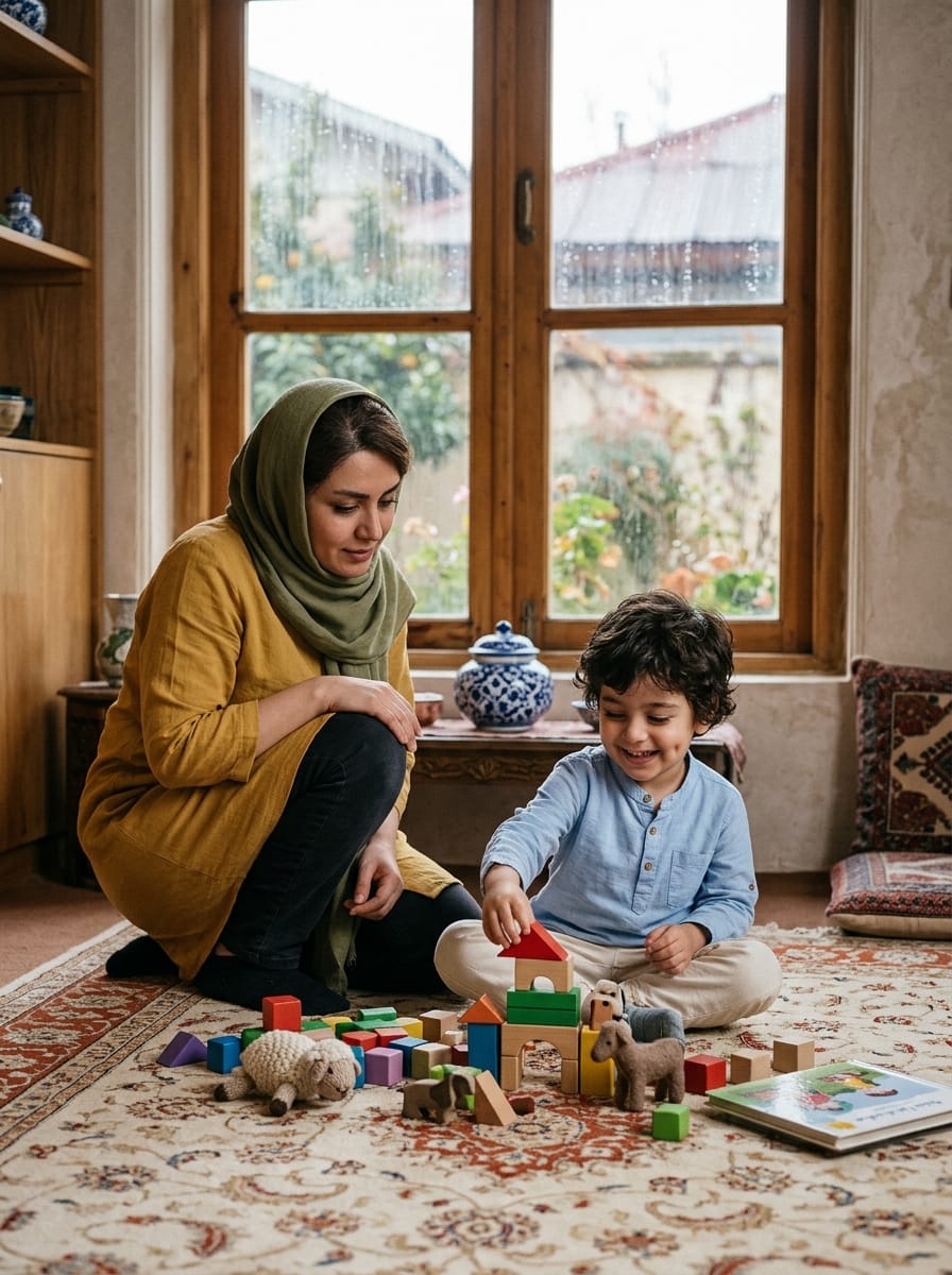کودک در حال بازی خانگی و باران پشت پنجره در رشت