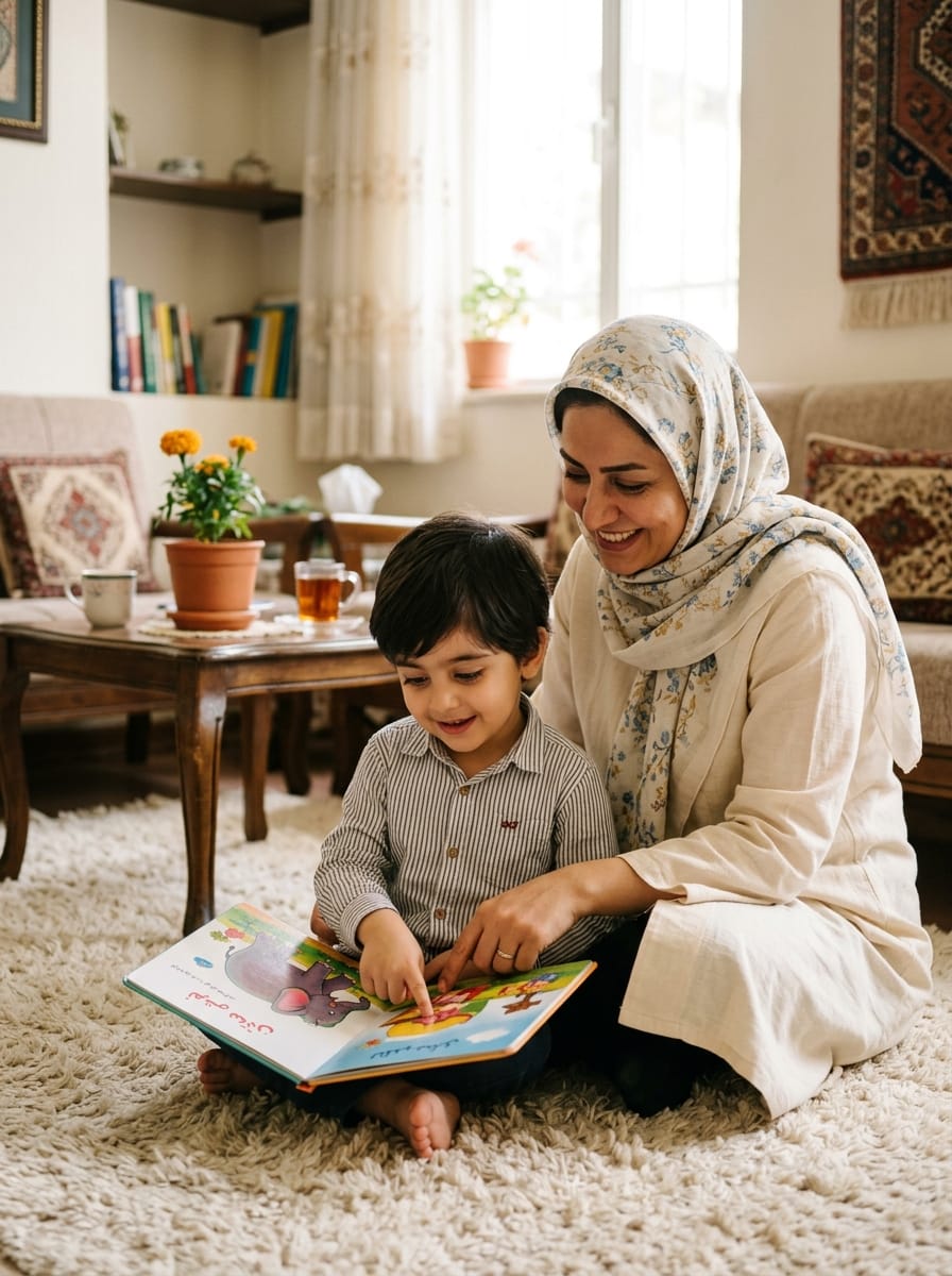 کودک در حال خواندن کتاب با پرستار در منزلی روشن در شیراز