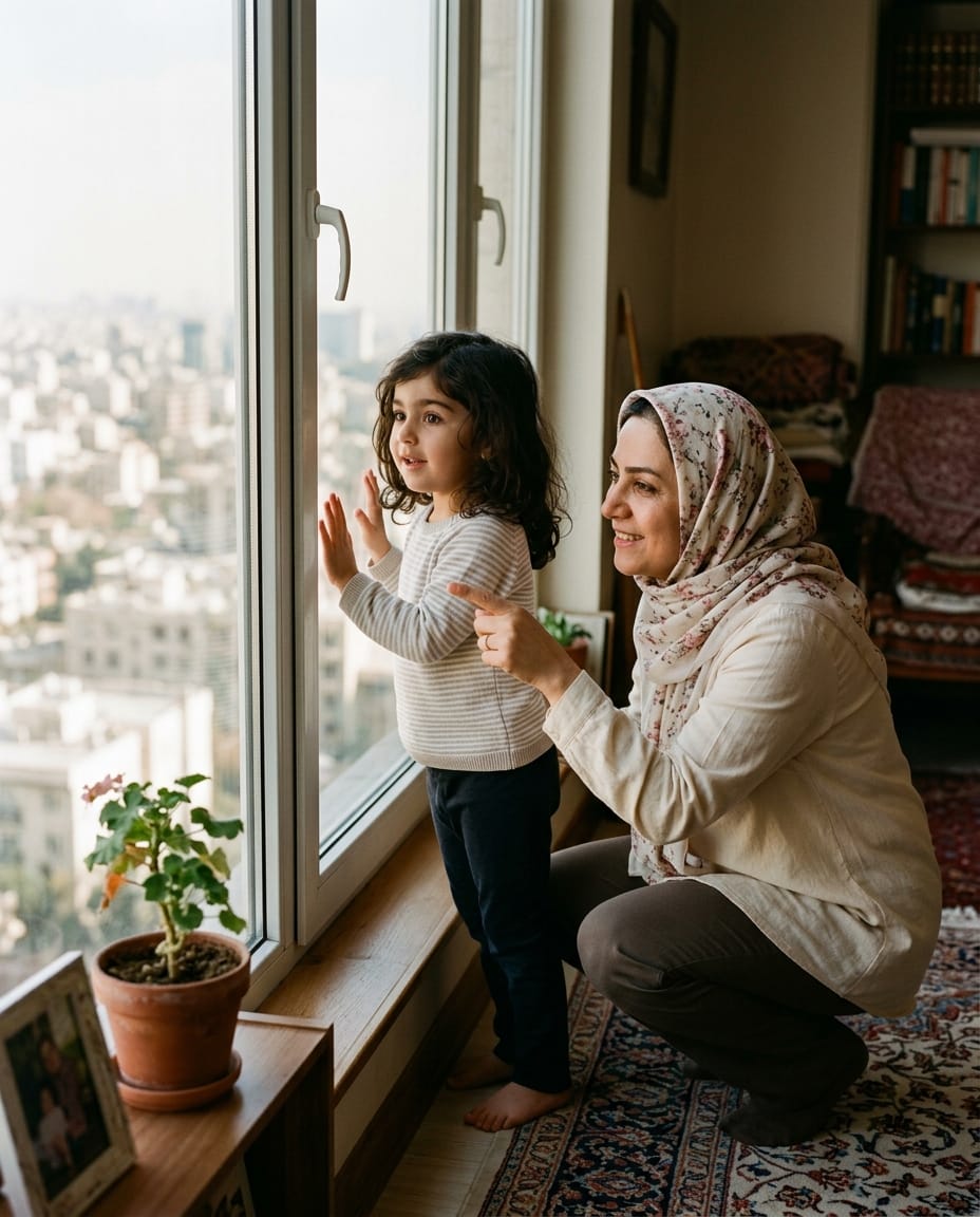 نمای شهری تهران از پنجره و کودک در حال تماشای آن