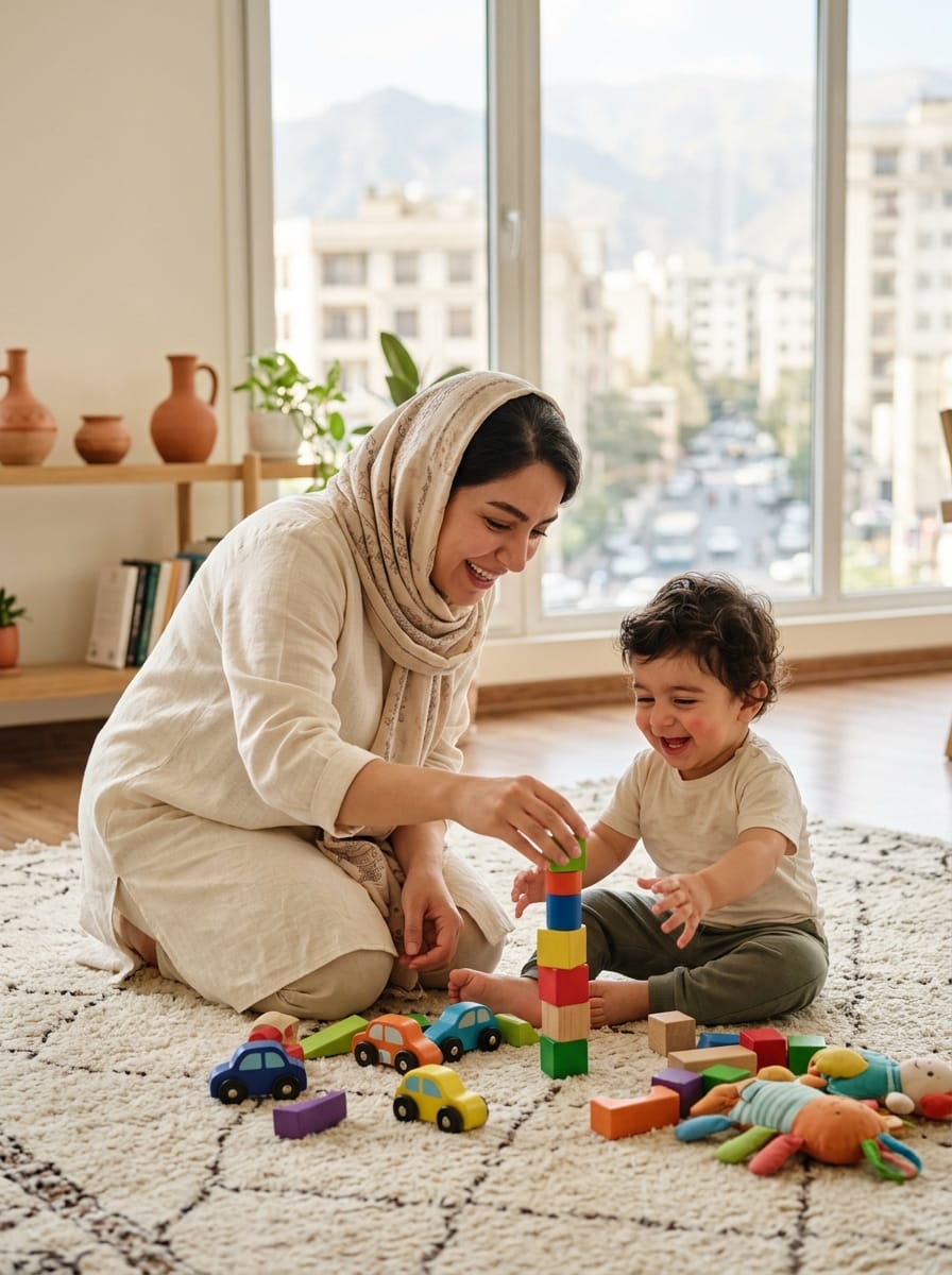 پرستار در حال بازی با کودک در آپارتمانی روشن در تهران