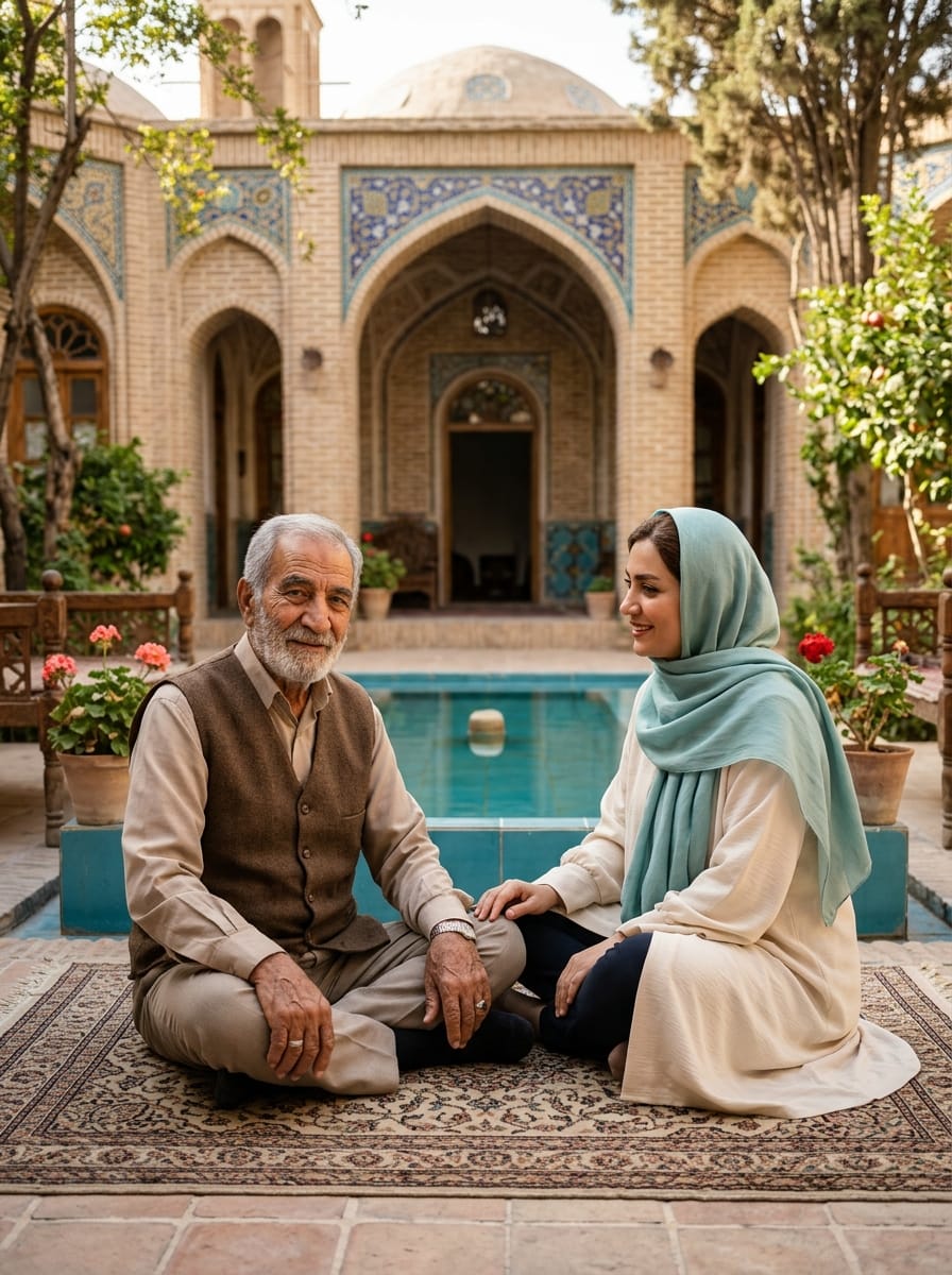 سالمند در حیاط خانهی سنتی اصفهانی و پرستار در کنار او
