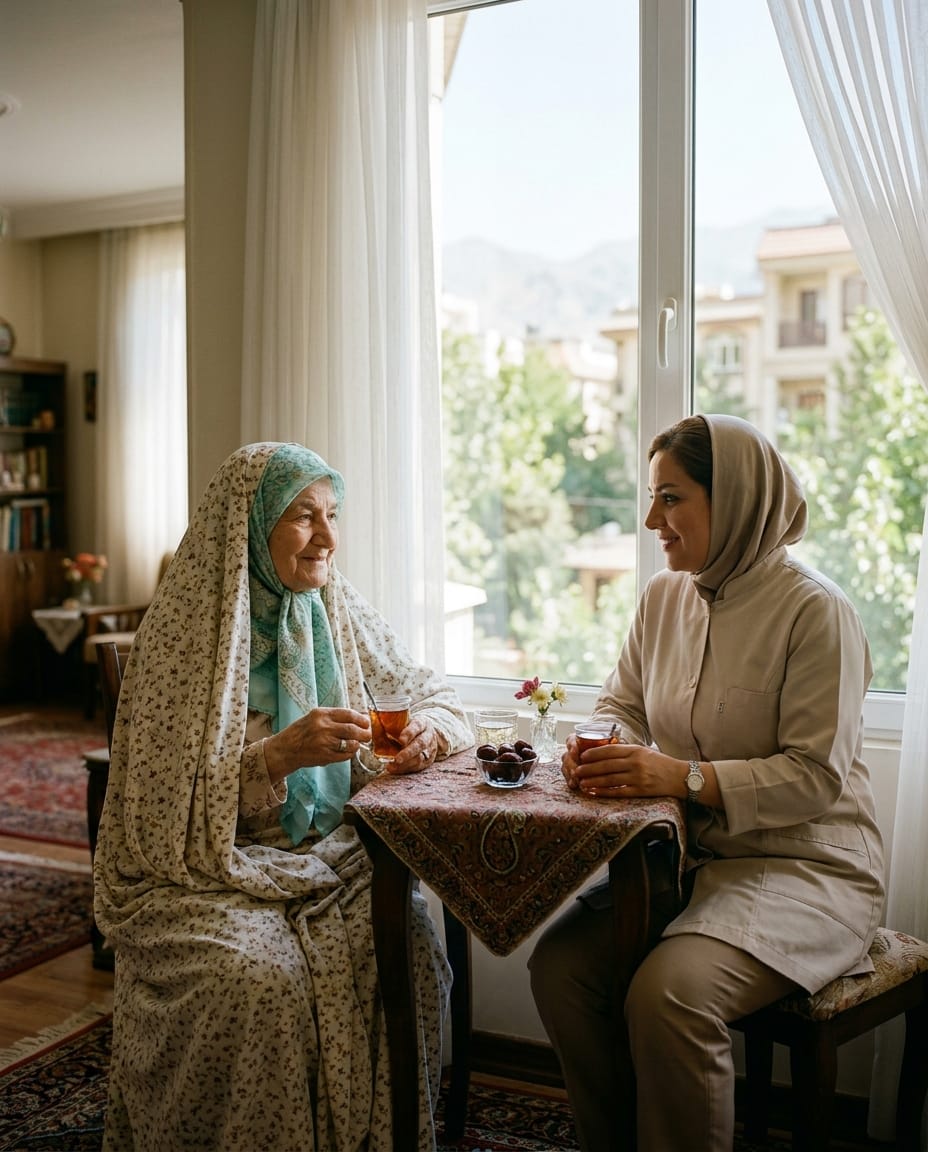 سالمند و پرستار در حال صرف چای با نمای آرام محلهای در کرج