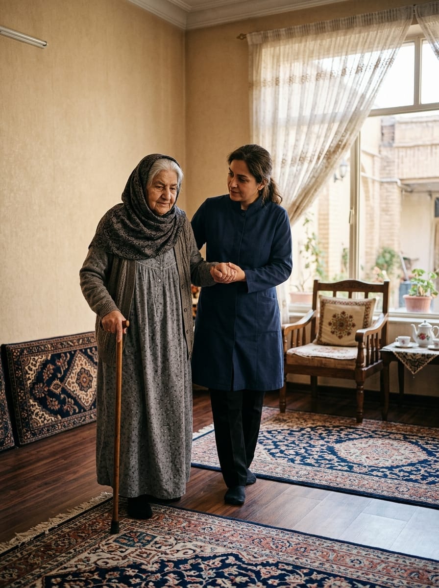 پرستار در حال همراهی محترمانهی سالمند در منزلی آرام در قم