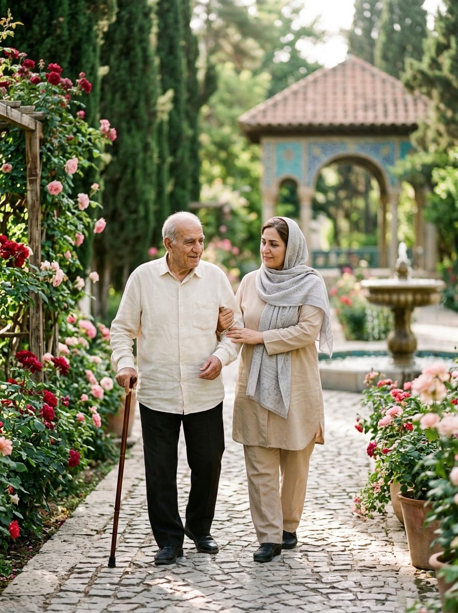 سالمند و پرستار در حال قدم زدن در باغی سرسبز در شیراز