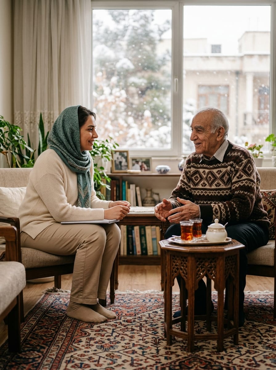 پرستار در حال گفتوگوی گرم با سالمند و برف پشت پنجره در تبریز